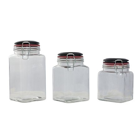 JG 3 PORTA MANTIMENTOS QUADRADOS VIDRO LISO 900ML/1,2L/1,5L