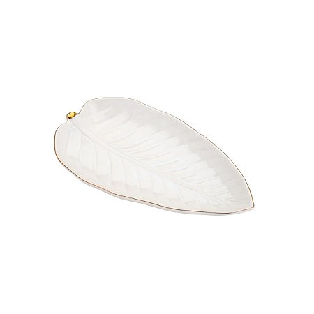 FOLHA DECORATIVA DE PORCELANA ANTHURIUM BRANCA C/BORDA DOURADA 22X11,5cm