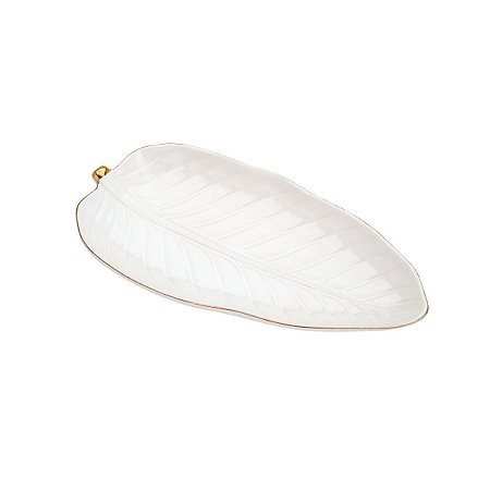 FOLHA DECORATIVA DE PORCELANA ANTHURIUM BRANCA C/BORDA DOURADA 28,5X15cm