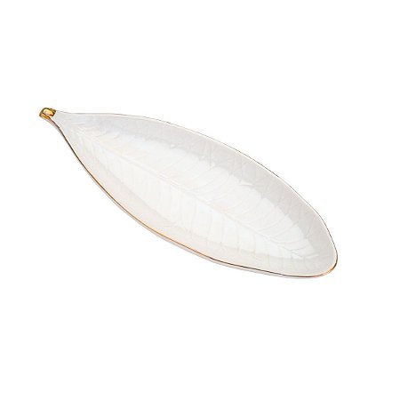 FOLHA DECORATIVA DE PORCELANA PACHIRA BRANCO C/BORDA DOURADA 25,5X10cm