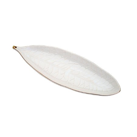 FOLHA DECORATIVA DE PORCELANA PACHIRA BRANCA C/BORDA DOURADA 31,5X12cm