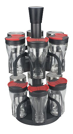 JOGO DE 12 PORTA CONDIMENTOS EM VIDRO COM SUPORTE DE PLÁSTICO