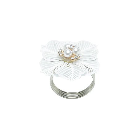 CJ 4 ANÉIS P/GUARDANAPO DE ZAMAC FLOWER BRANCO 5X5,5cm
