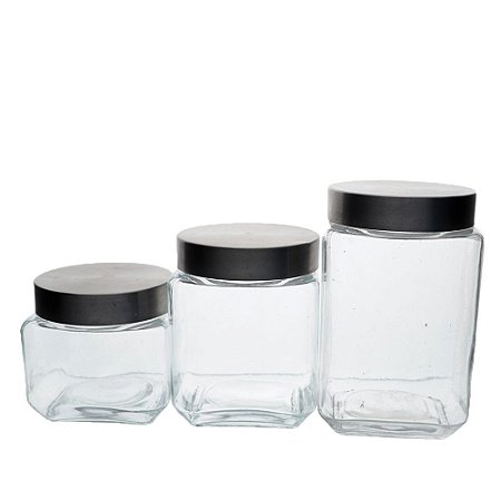 JOGO DE 3 PORTA MANTIMENTOS QUADRADOS EM VIDRO LISO COM TAMPA 790ML/1,2L/1,6L