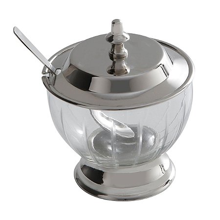 AÇUCAREIRO DE VIDRO COM TAMPA E COLHER DE AÇO INOX