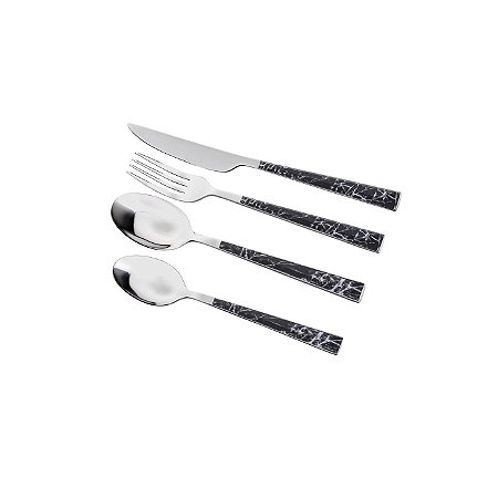 FAQUEIRO DE AÇO INOX 24 PCS C/CABO DE PLÁSTICO MARBLE PRETO