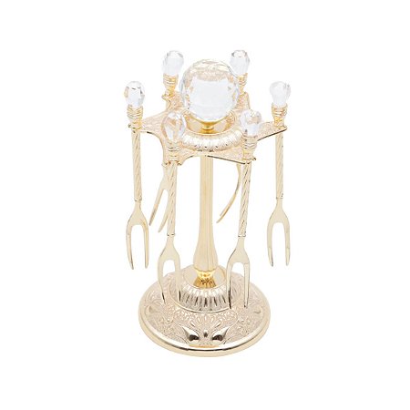 CJ 6 GARFOS PETISCO SUPORTE ZAMAC CRISTAL DOURADO 8x8x16