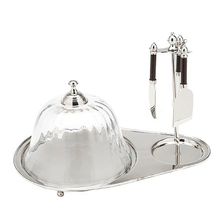 PRATO P/ QUEIJO DE AÇO INOX C/ TAMPA E 3 FACAS PARA QUEIJO
