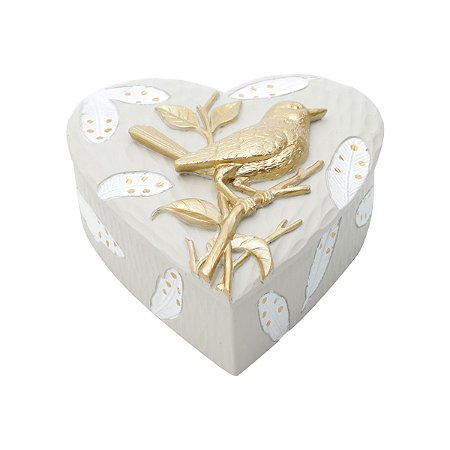 CAIXA EM FORMA DE CORAÇÃO POLIRESINA PÁSSARO DOURADO 12x13x5cm
