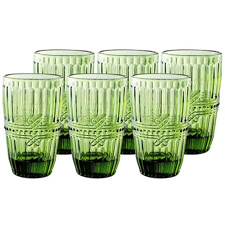 JOGO DE 6 COPOS FRATELLO EM VIDRO 355ML A13CM COR VERDE