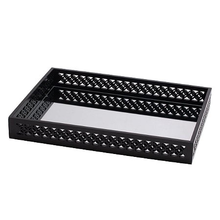 BANDEJA DE MADEIRA LAQUEADA PRETO C/ESPELHO 47X34X4,5cm