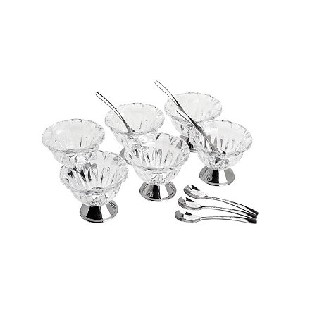 CJ 6 BOWLS DE CRISTAL P/SOBREMESA C/6 COLHERES DE AÇO INOX LOUISE