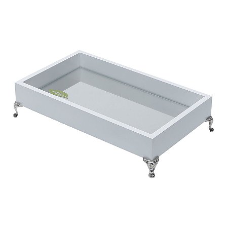 BANDEJA DE MADEIRA LAQUEADA BRANCO C/PÉ E ESPELHO 30X17X4,5cm