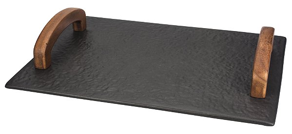 BANDEJA RETANGULAR EM CERAMICA C/ ALCA EM MADEIRA 35.5X25.5CM