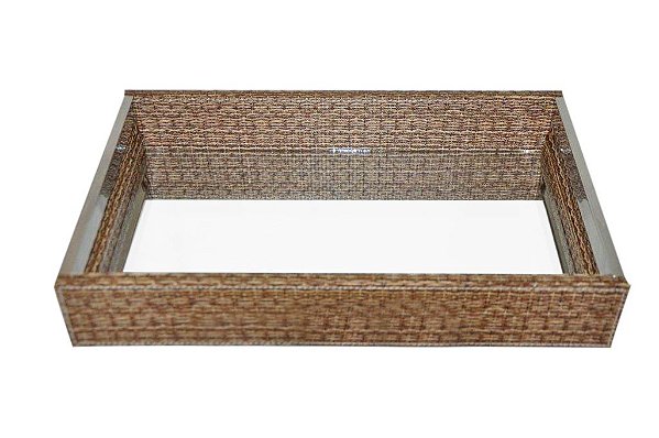 BANDEJA ESPELHADA EM INOX E RATTAN 44.5X30X6CM