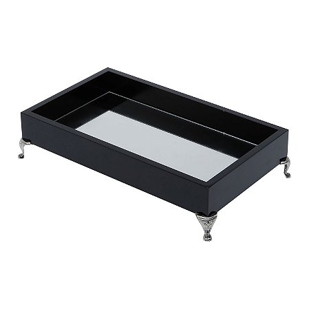 BANDEJA DE MADEIRA LAQUEADA PRETO C/PÉ E ESPELHO 30X17X4,5cm