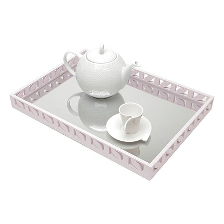 BANDEJA DE MADEIRA LAQUEADA ROSA C/ESPELHO 47X34X4,5cm
