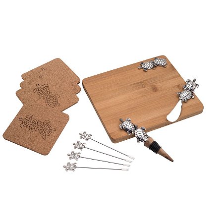 CJ 11 PCS P/APERITIVO C/TABÚA DE MADEIRA TARTARUGA PRATA 30cm