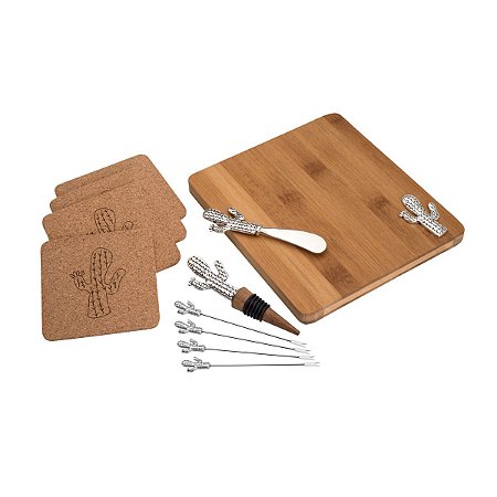 CJ 11 PCS P/APERITIVO C/TABÚA DE MADEIRA CACTUS PRATA 30cm