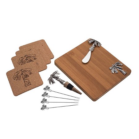 CJ 11 PCS P/APERITIVO C/TABÚA DE MADEIRA PALMEIRA PRATA 30cm