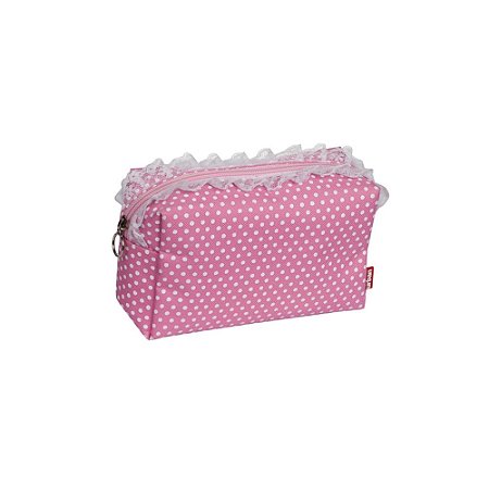 NECESSAIRE POLIESTER POIS PINK C/ RENDA PEQ 9,5 X 4 X 5 CM