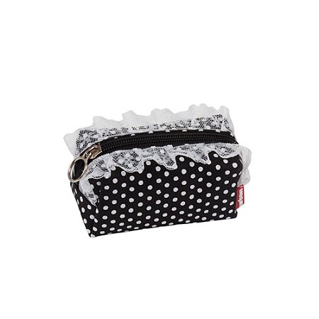 NECESSAIRE POLIESTER POIS PRETA C/ RENDA PEQ 9,5 X 4 X 5 CM