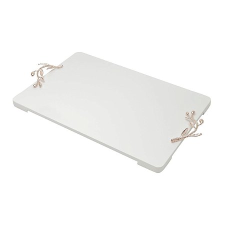 BANDEJA DE MADEIRA LAQUEADO BRANCO C/ALÇA FOLHADA ROSE 45X30X2cm