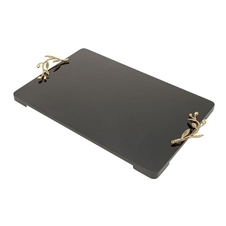 BANDEJA LAQUEADO PRETO C/ALÇA FOLHADA OURO 45X30X2cm