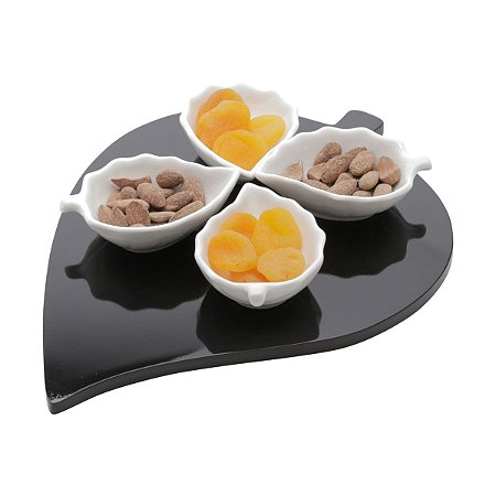 SUPORTE DE MADEIRA C/4 BOWLS DE PORCELANA LEAFES 31,5X23X4cm