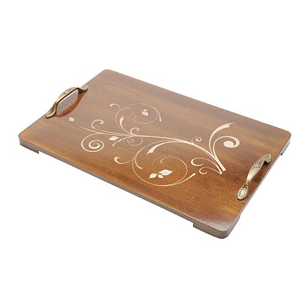 BANDEJA DE MADEIRA FLORAL VERNIZADO C/ALÇA 45X30X2CM