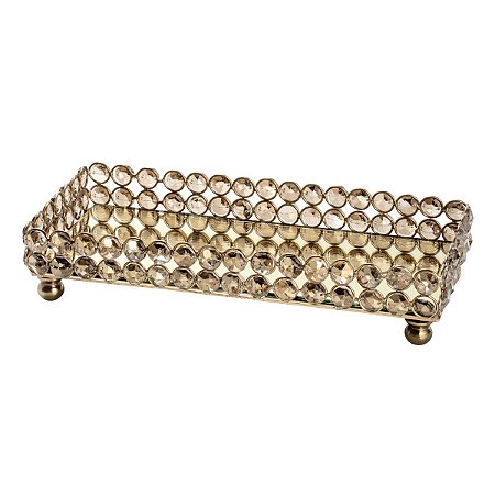 BANDEJA RETANGULAR DE FERRO E CRISTAIS DOURADO 28X12,5CM