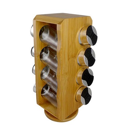 JOGO DE 8 PORTA CONDIMENTOS EM VIDRO COM SUPORTE DE BAMBU L11,55XP9XA28CM