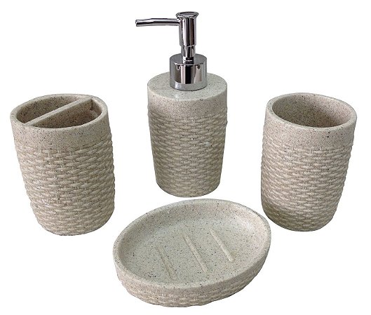 JOGO DE 4 PECAS PARA BANHEIRO EM RESINA COR GREY STONE
