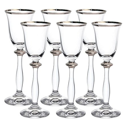 JOGO DE 6 TACAS PARA LICOR ANGELA PLATINUM RIM EM CRISTAL ECOLOGICO 60ML A17CM