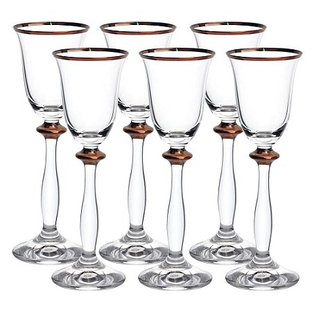 JOGO DE 6 TACAS PARA LICOR ANGELA BRONZE RIM EM CRISTAL ECOLOGICO 60ML A17CM