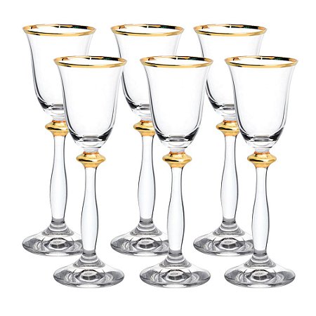 JOGO DE 6 TACAS PARA LICOR ANGELA GOLD RIM EM CRISTAL ECOLOGICO 60ML A17CM