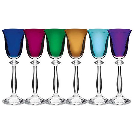 JOGO DE 6 TACAS PARA LICOR ANGELA DECORADA EM CRISTAL ECOLOGICO 60ML A17CM COLORIDA