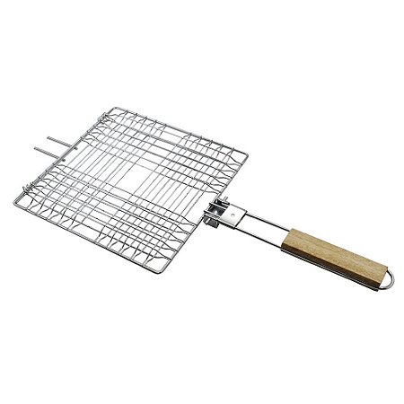 GRELHA RETANGULAR EASY GRILL PARA CHURRASCO EM ACO INOX COM CABO DE MADEIRA L52XP23CM