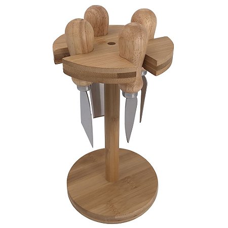 JOGO DE 4 FACAS PARA QUEIJO COM SUPORTE EM BAMBU