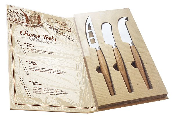 JOGO DE 3 PEÇAS PARA QUEIJO EM INOX COM EMBALAGEM EM FORMATO DE LIVRO