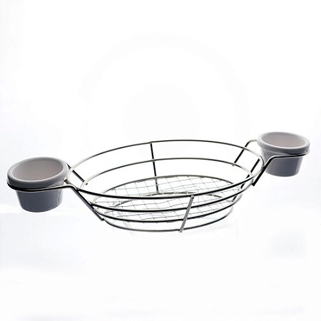 CESTA OVAL EM ACO INOX COM 2 MOLHEIRAS EM MELAMINA L34,5XP15XA6CM COR PRATA