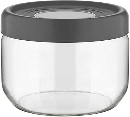 PORTA MANTIMENTO REDONDO RING EM VIDRO COM TAMPA EM PLASTICO COR CINZA 425ML D9XA10CM