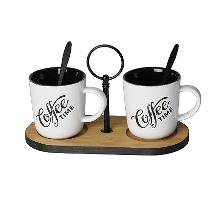 CJ P/CAFÉ C/SUPORTE BAMBU MOLDURA METAL E 2 COLHERES 20x9cm