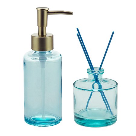 CJ 2PC PORTA SABONETE LÍQUIDO DIFUSOR VIDRO C/3 PALITOS AZUL