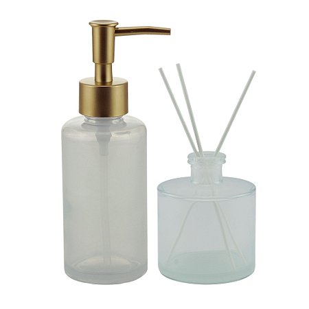 CJ 2PC PORTA SABONETE LÍQUIDO DIFUSOR VIDRO 3 PALITOS BRANCO