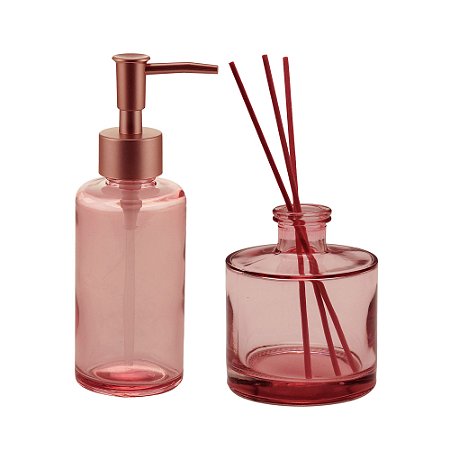 CJ 2PC PORTA SABONETE LÍQUIDO DIFUSOR VIDRO C/3 PALITOS ROSA