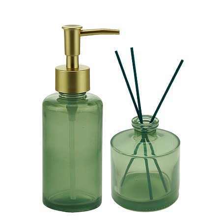 CJ 2PC PORTA SABONETE LÍQUIDO DIFUSOR VIDRO 3 PALITOS VERDE