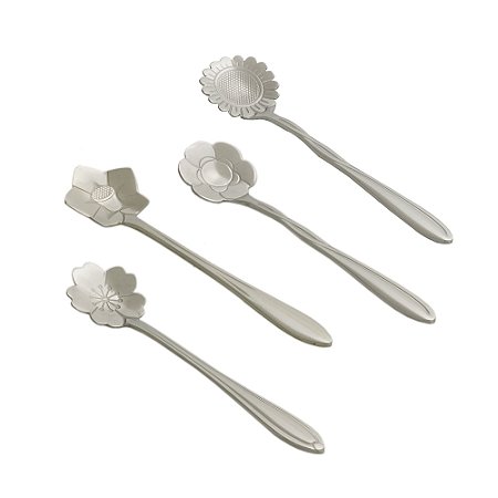 CJ 4 COLHERES AÇO INOX P/CHÁ FLORES PRATEADA