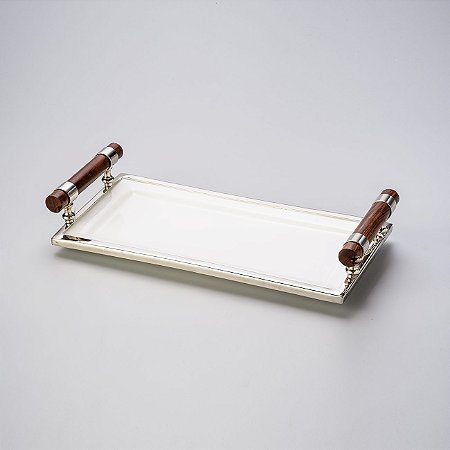 BANDEJA RETANGULAR CERÂMICA ALÇA MADEIRA BORDA METAL 35X17X7