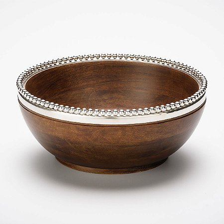 BOWL DE MADEIRA BEADED RIM COM BORDA EM AÇO INOX 32,5X12,5CM